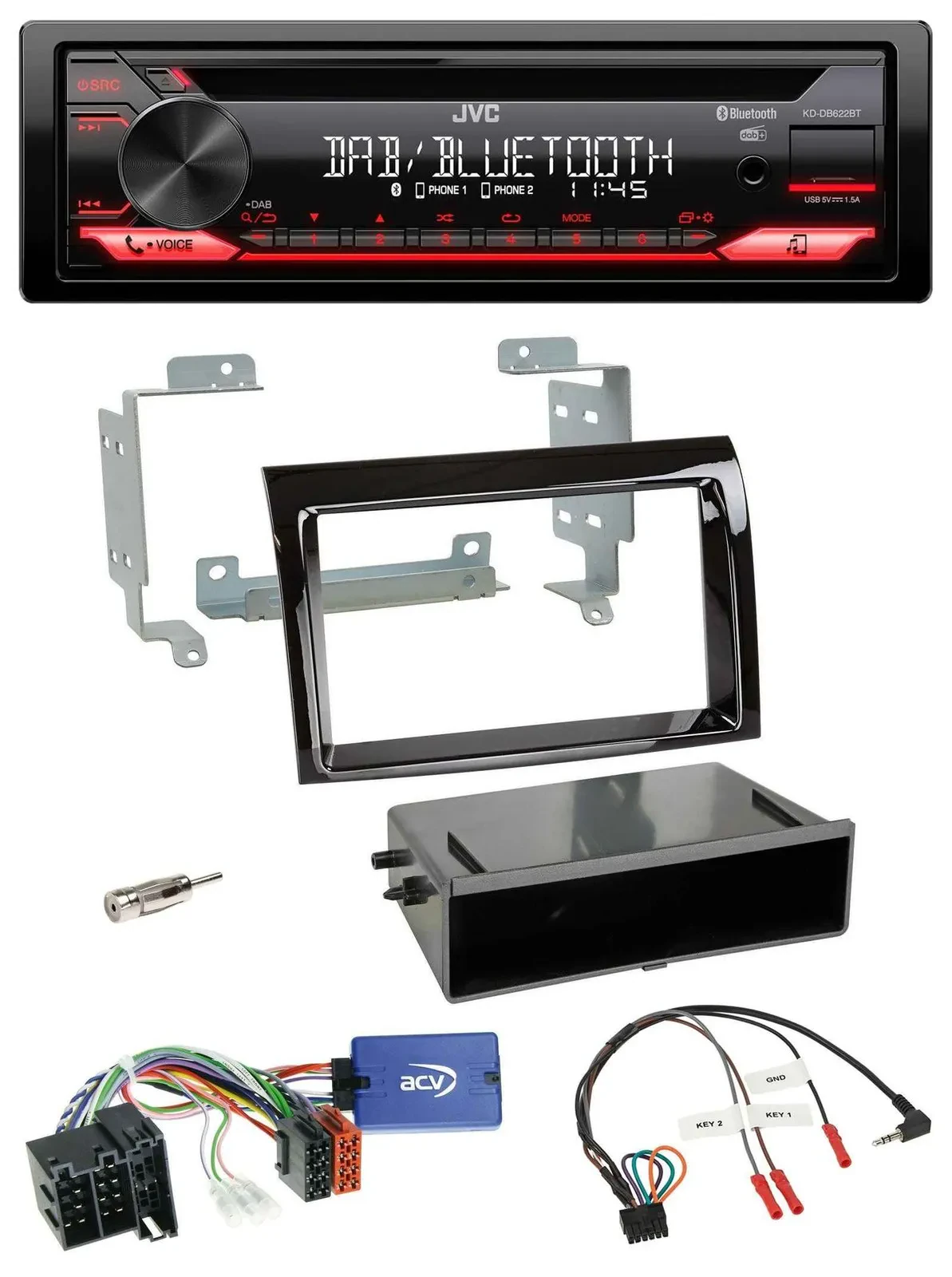 Автомагнитола для Fiat Ducato (2008–2011) JVC CD, DAB, USB, Bluetooth, поддержка управления с руля, цвет черный глянец