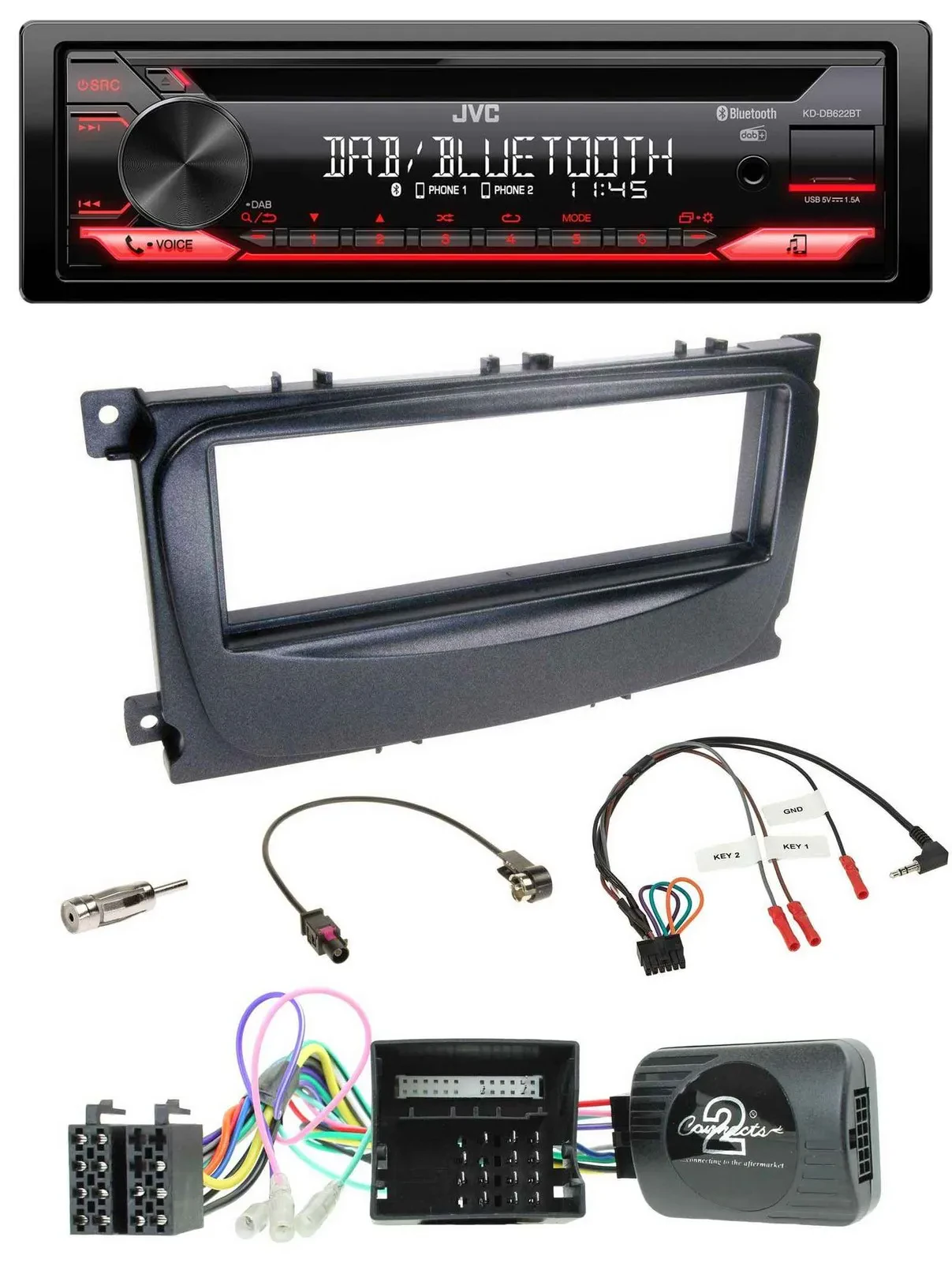 JVC CD DAB USB Bluetooth Lenkrad Autoradio für Ford C-Max Can 07-10 Focus schwar