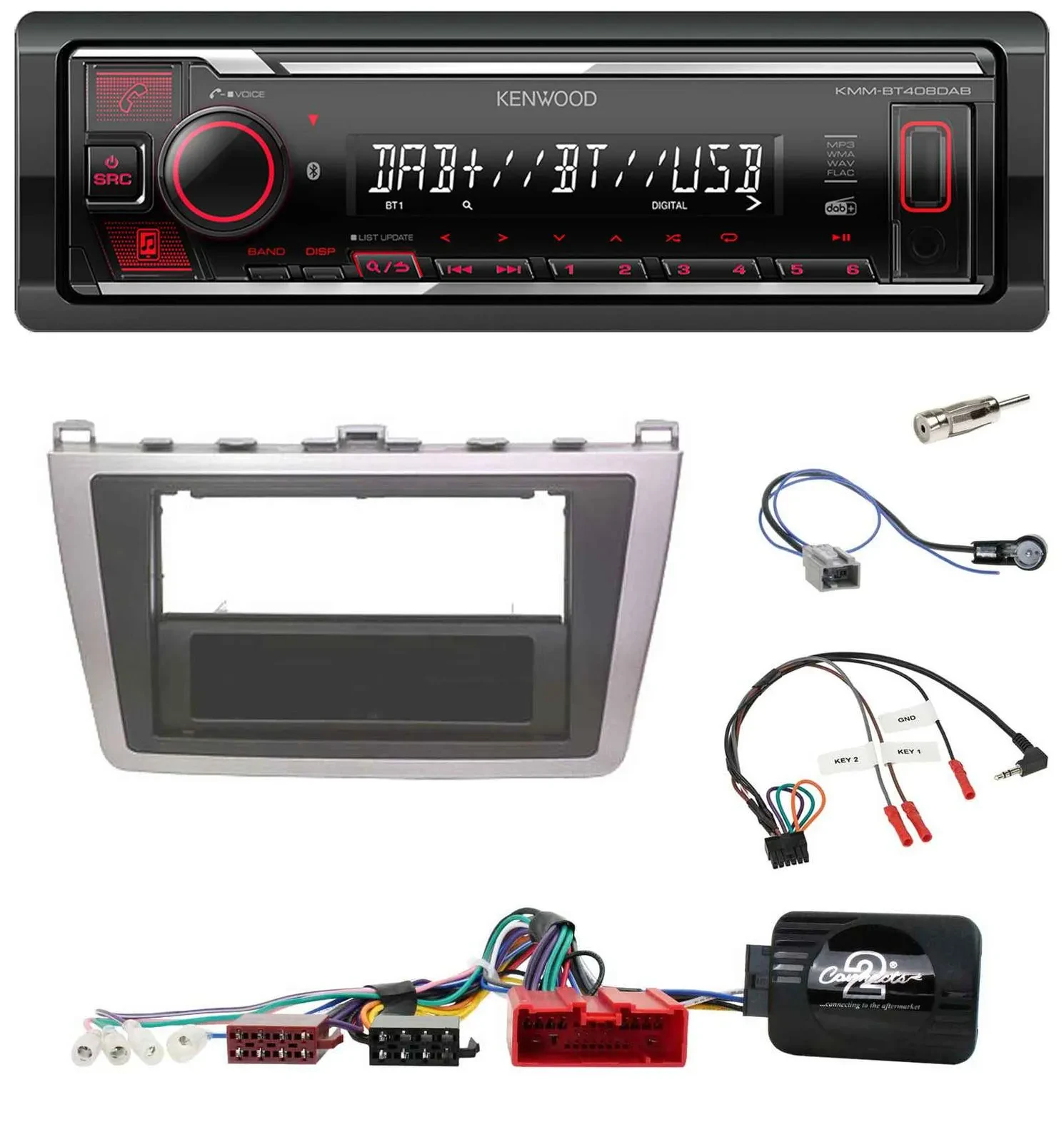 Автомагнитола Kenwood Bluetooth, USB, DAB для Mazda 6 (2008–2012), серебристый/чёрный