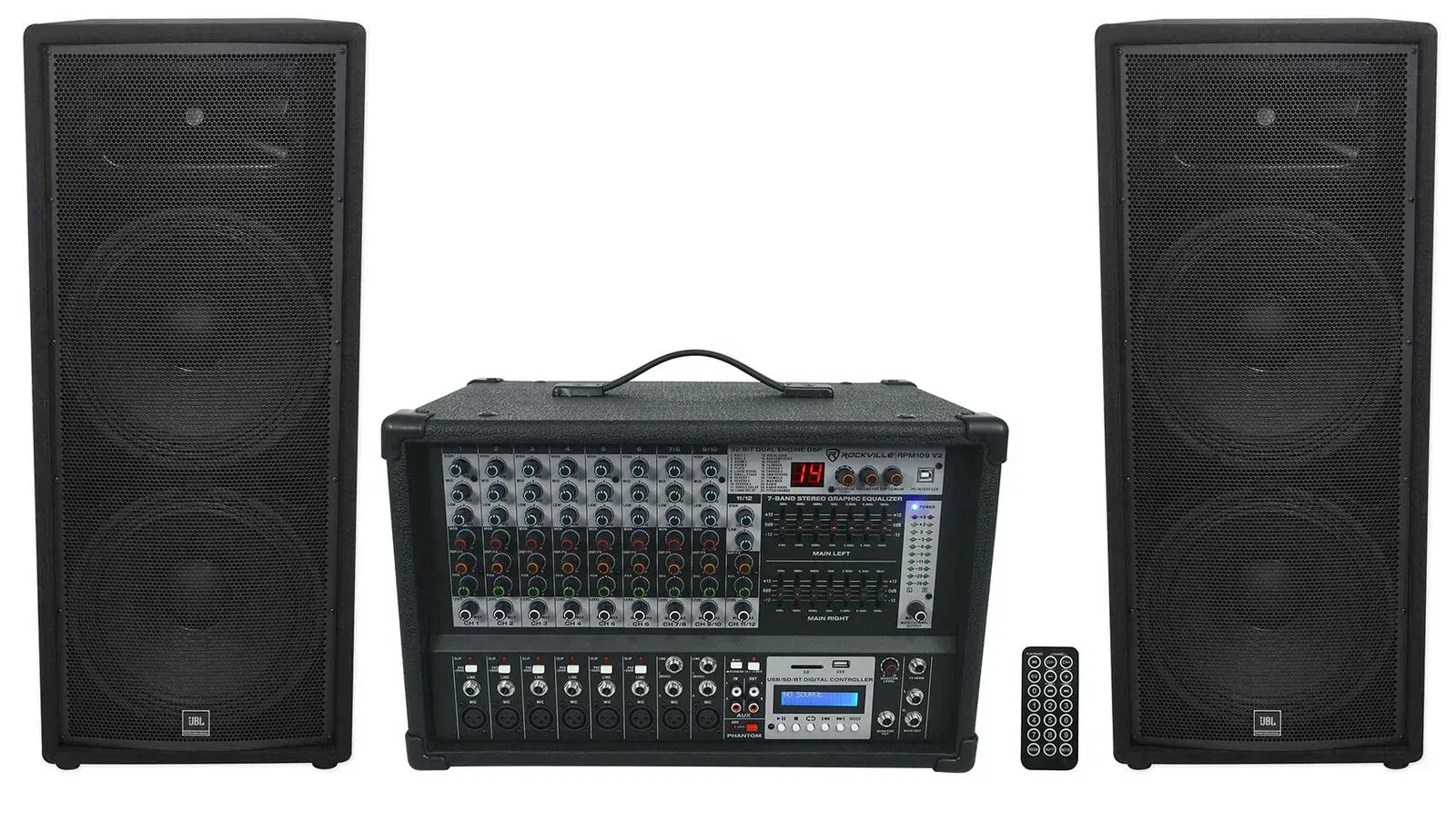 (2) JBL JRX225 Dual 15" 4000w DJ/PA Speakers+Powered 12-Ch. Mixer w/ 7 Band EQ