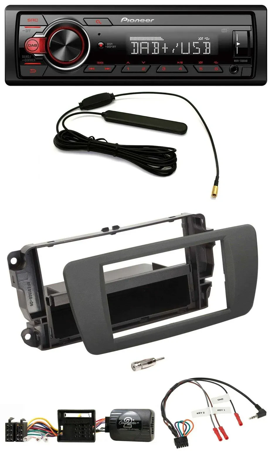 Автомагнитола для Seat Ibiza Pioneer 1-DIN, DAB, USB, MP3, поддержка управления с руля, серый