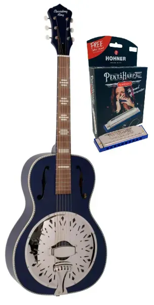 Recording King RPH-R2-MBL Resonator Guitar Wabash Blue, Hohner Pentaharp Bundle