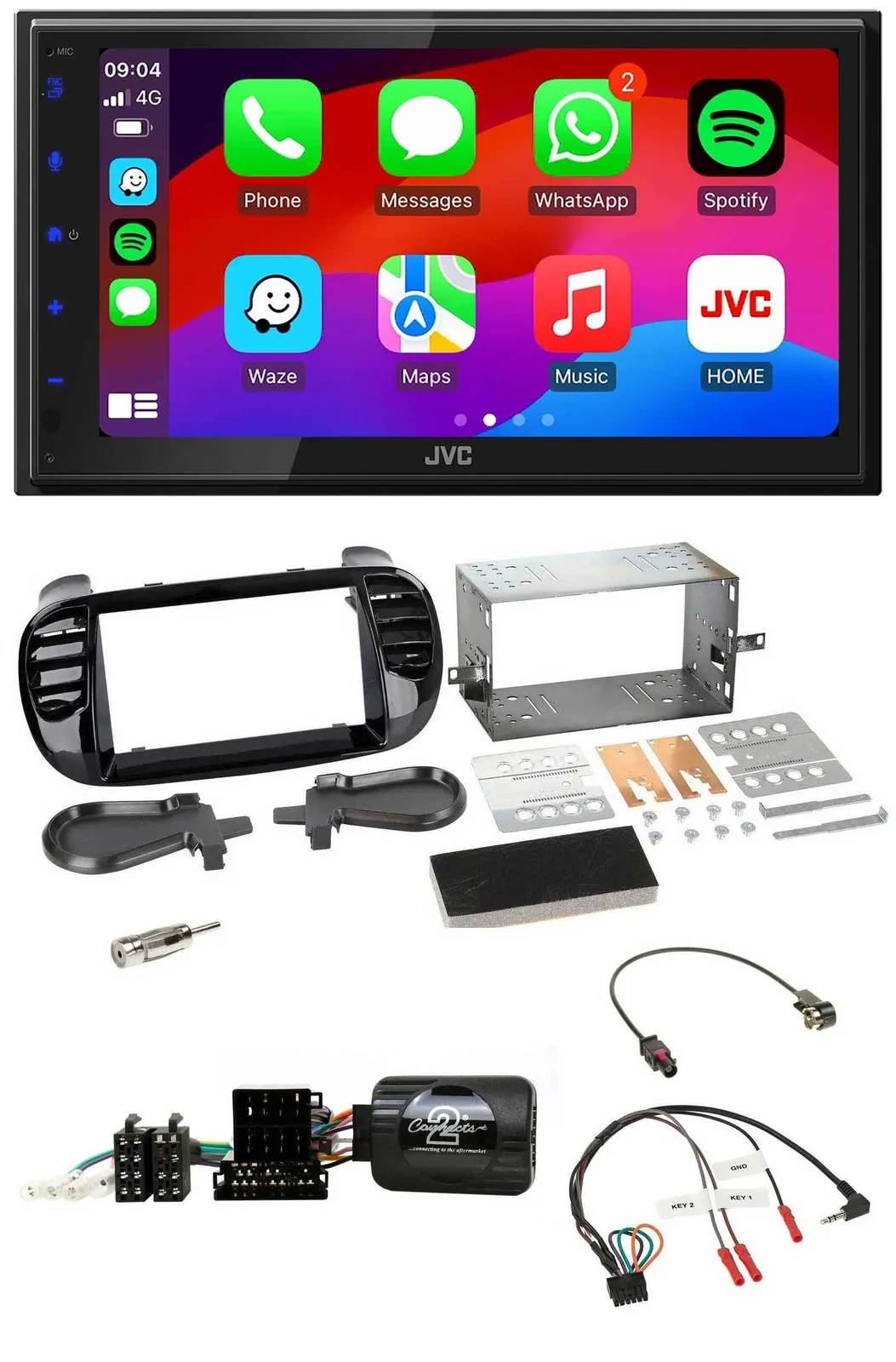Автомагнитола JVC 2 DIN, Bluetooth, USB, DAB, для Fiat 500 (2008–2015), черный