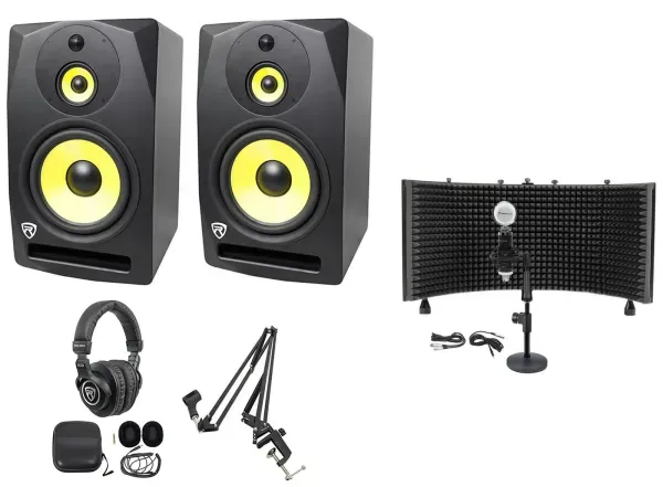 (2) Rockville DPM10B 10" 800w Active Studio Monitors+Headphones+Mic+Shield+Boom