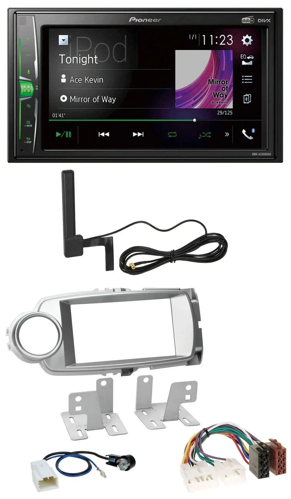 Автомагнитола Pioneer 2-DIN, Bluetooth, DAB, AUX, для Toyota Yaris (2011–2014), серебристая