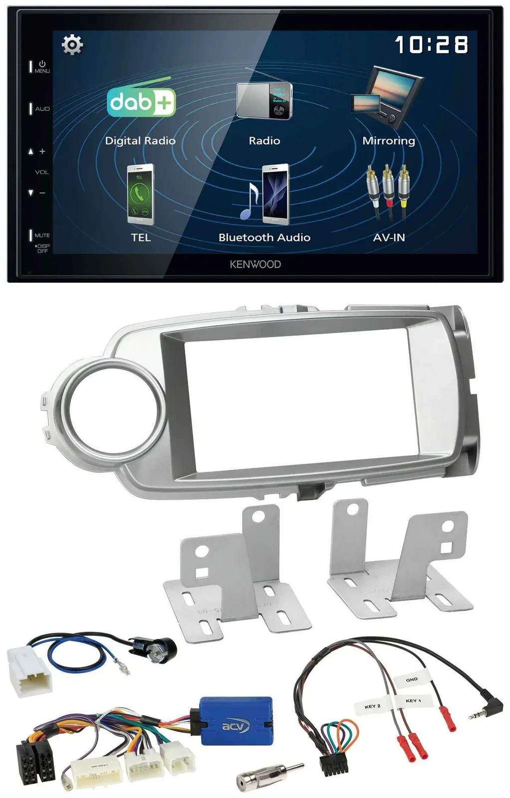 Автомагнитола Kenwood 2DIN Bluetooth USB DAB для Toyota Yaris (2011–2014), серебристая, с поддержкой кнопок на руле