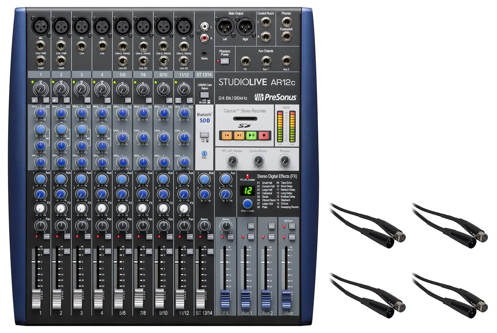 Аналоговый микшер PreSonus StudioLive AR12C 12-канальный, с аудиоинтерфейсом, в комплекте 4 XLR-кабеля