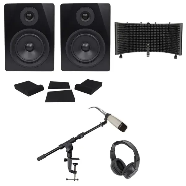 2) Rockville 5.25" 250w Powered Studio Monitors+Mic+Headphones+Stand+Shield+Pads