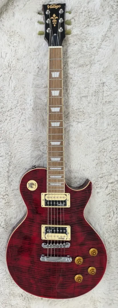 Vintage V100TWR Reissued Single Cutaway Electric Guitar Flame Wine Red - B-Stock