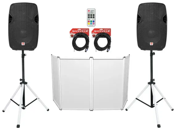 2) Rockville SPGN108 10" 800w DJ PA Speakers+Stands w/LED's+Remote+Cables+Facade