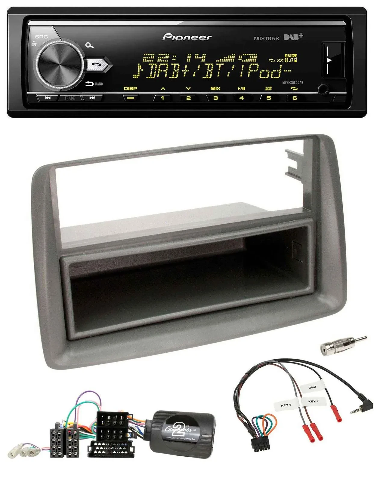Pioneer Bluetooth USB DAB Lenkrad Autoradio für Fiat Panda 169 2007-2012 grau