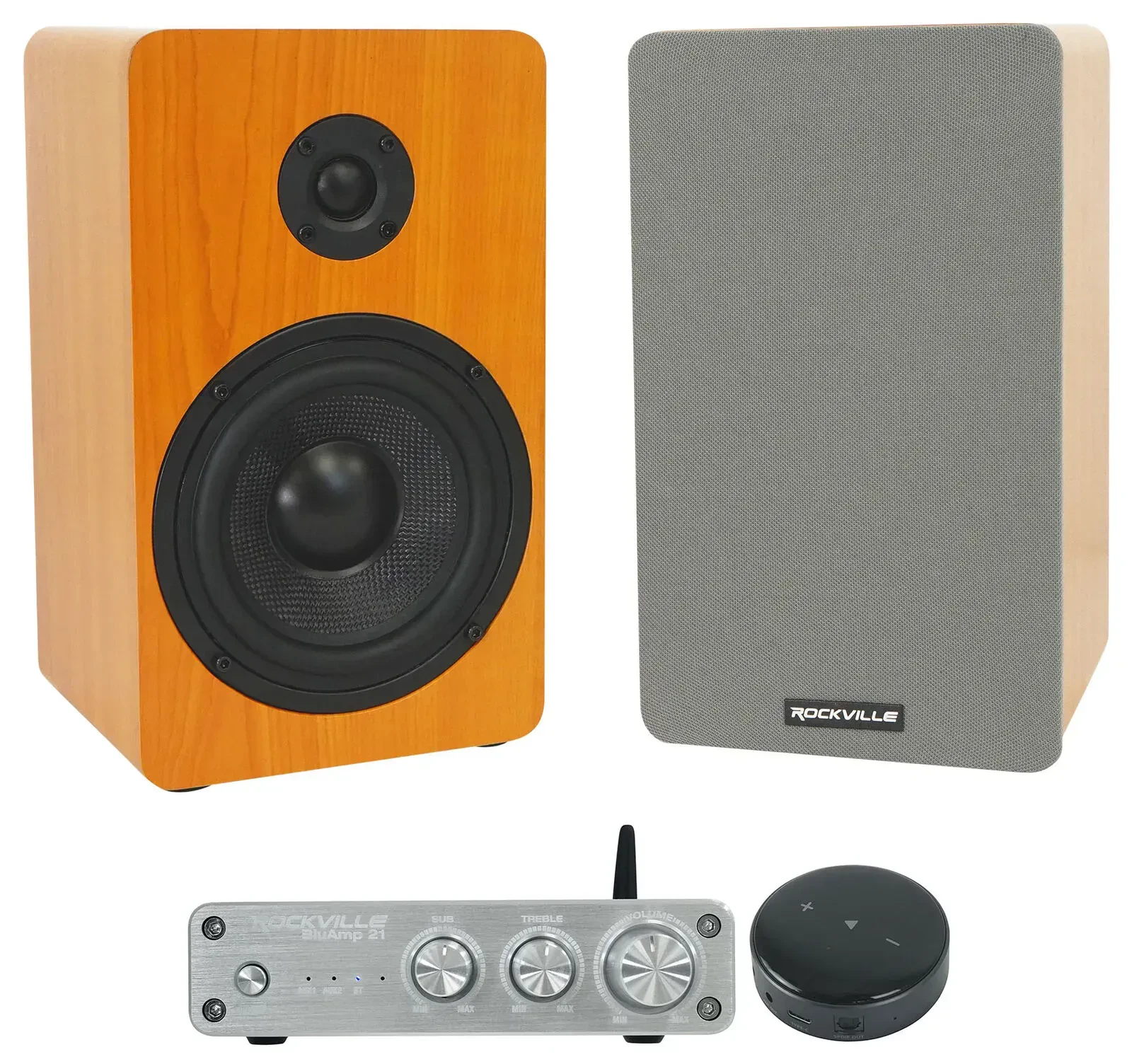 Аудиосистема Rockville BLUAMP 21 Silver + RockShelf 54C + WiiM Mini Bluetooth, 2×5.25", Wi‑Fi, серебристый (набор)