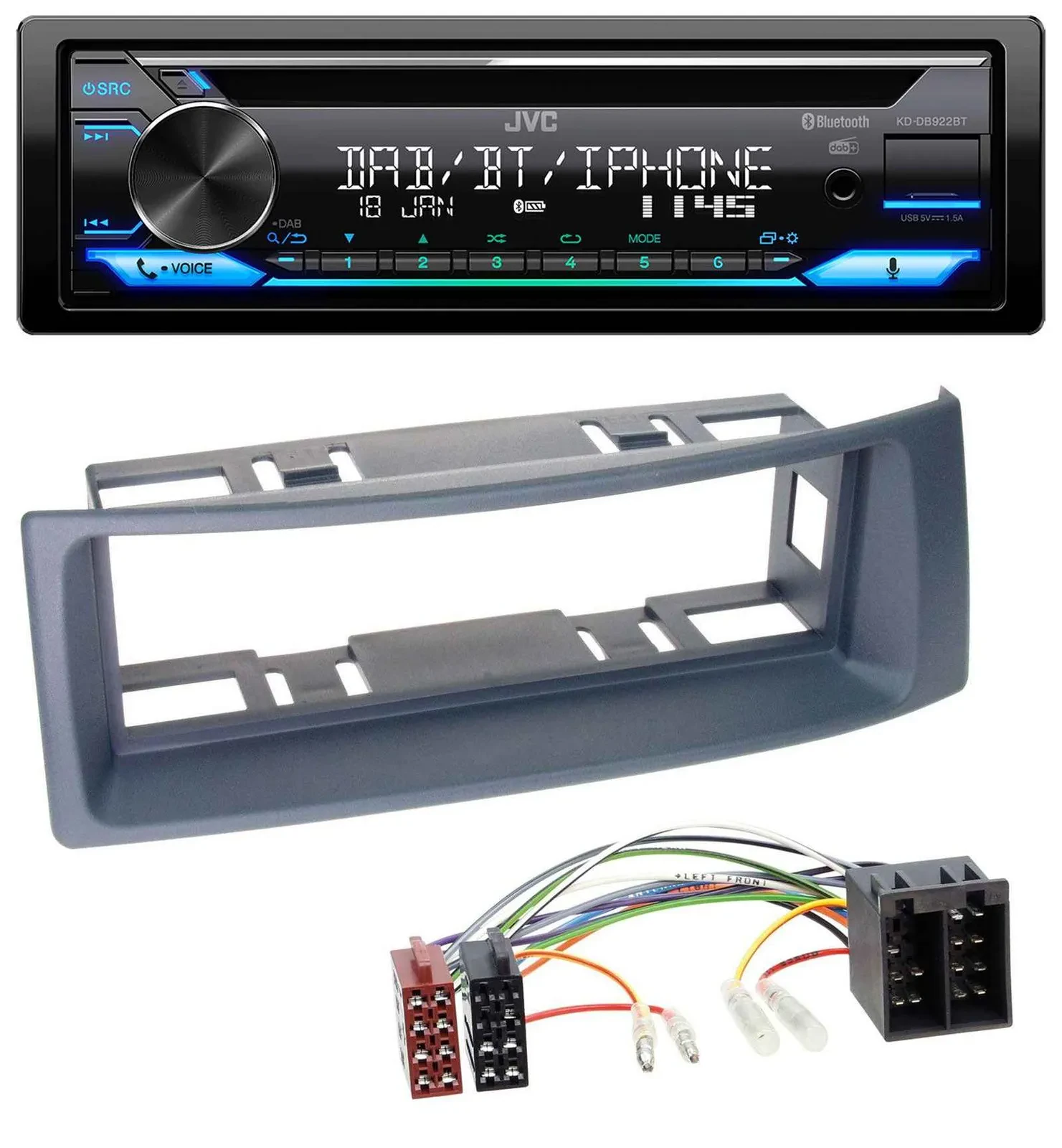 Автомагнитола для Renault Scenic/Megane до 2003 JVC Bluetooth MP3 USB DAB CD, серый