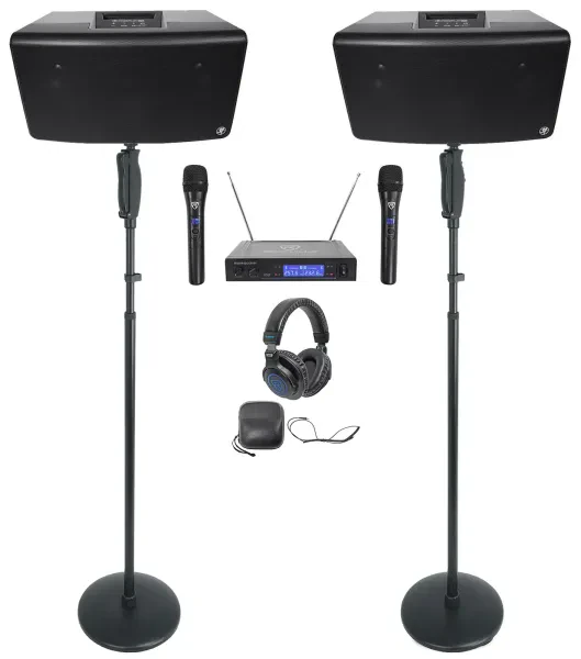2 Mackie FreePlay LIVE Rechargeable 6" Bluetooth Speakers+Stands+Mics+Headphones