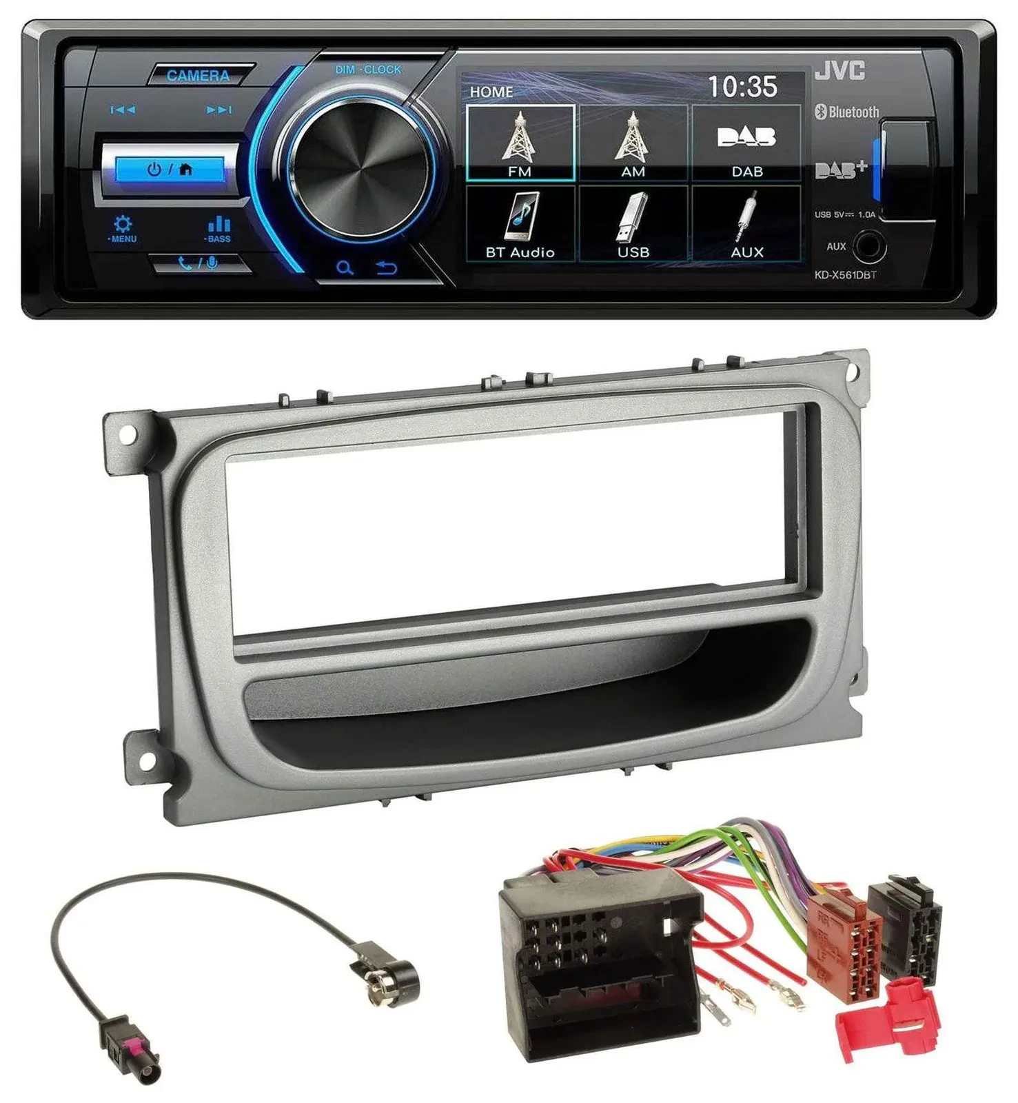 Автомагнитола JVC Bluetooth, MP3, USB, DAB, для Ford Focus/Galaxy/C‑Max (с 2007), серебристая