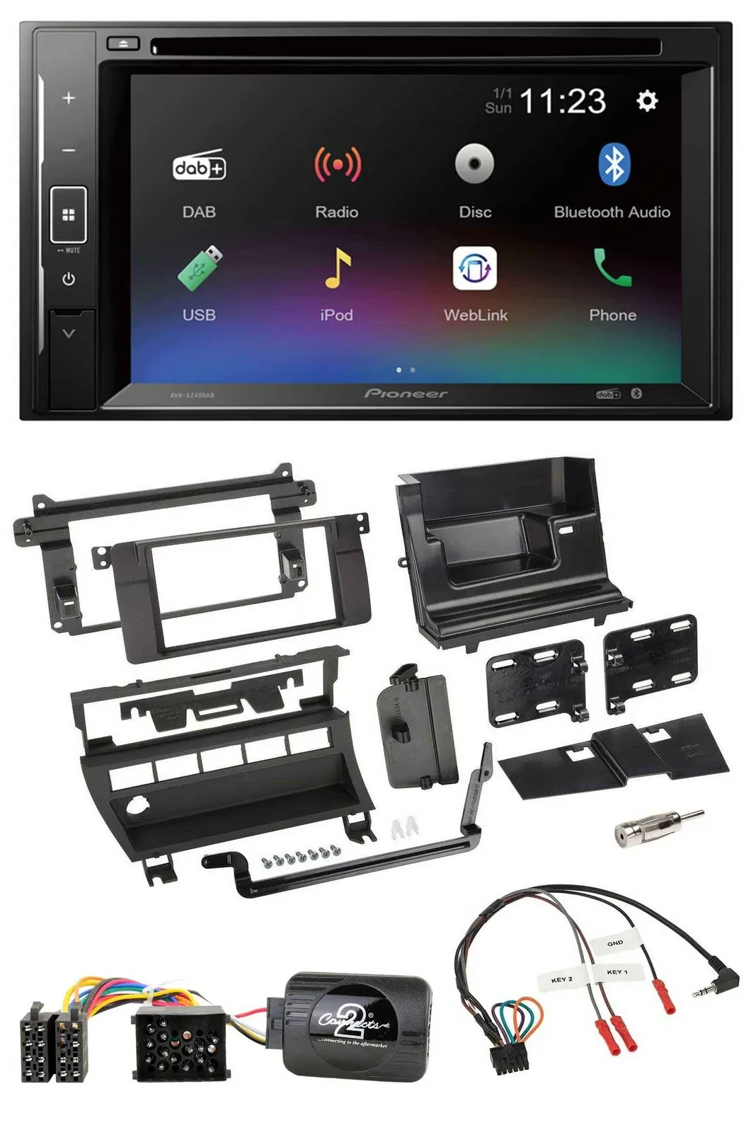 Автомагнитола для BMW 3 Series (1999–2006) Pioneer 2DIN, Bluetooth, DAB, DVD, USB, поддержка управления с руля