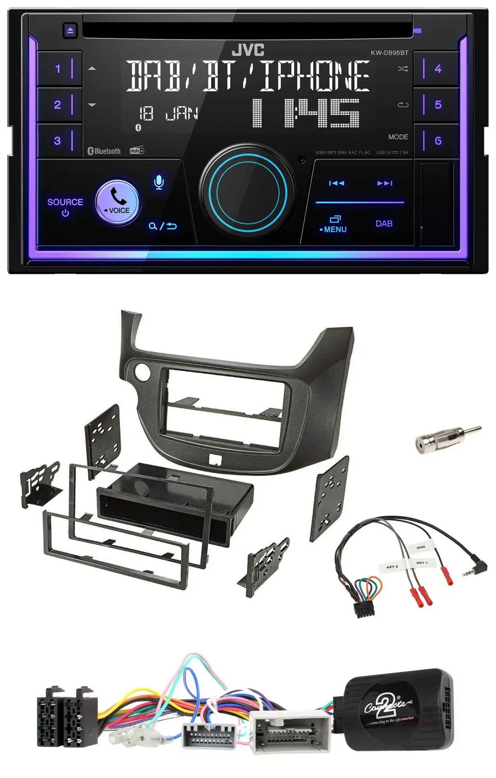 Автомагнитола JVC 2-DIN, DAB, Bluetooth, CD, USB, для Honda Jazz (с 2014), тёмно-серый