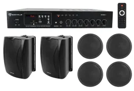 Rockville Commercial/Restaurant Amplifier+2) Black 6.5" Wall+4) Ceiling Speakers