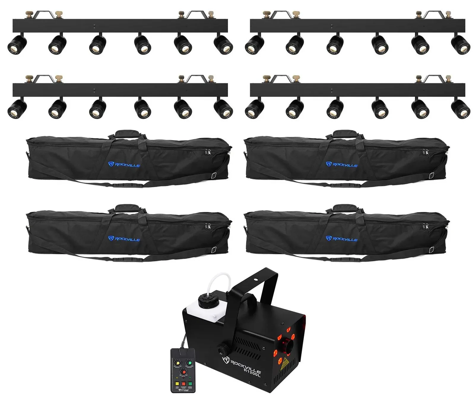 (4) Chauvet DJ Pinspot Bar DMX (24) Independant Pinspot Lights+Bags+LED Fogger