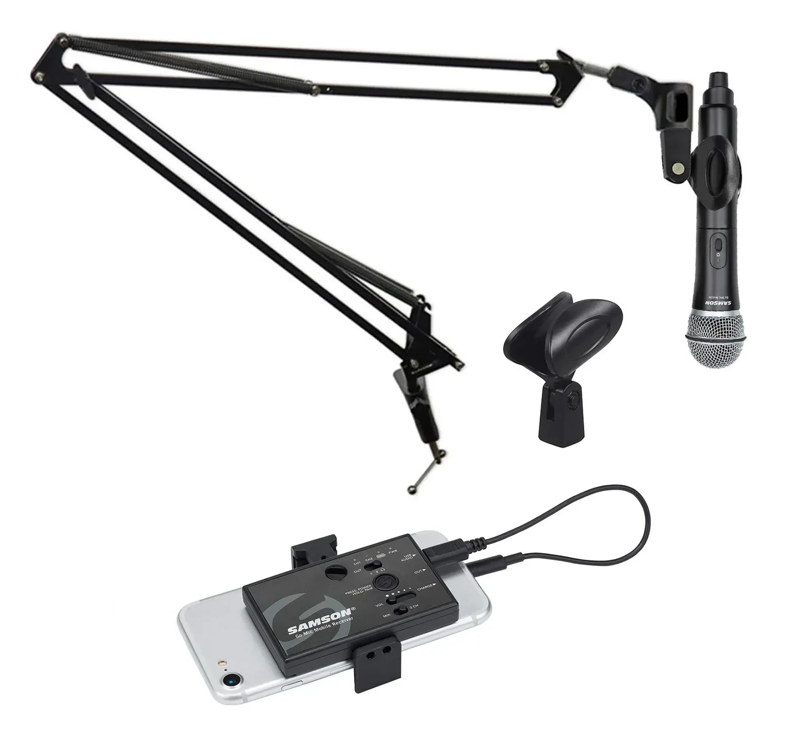 Микрофонная радиосистема для стриминга и ASMR Samson Go Mic Mobile (набор) с микрофоном и boom-стойкой