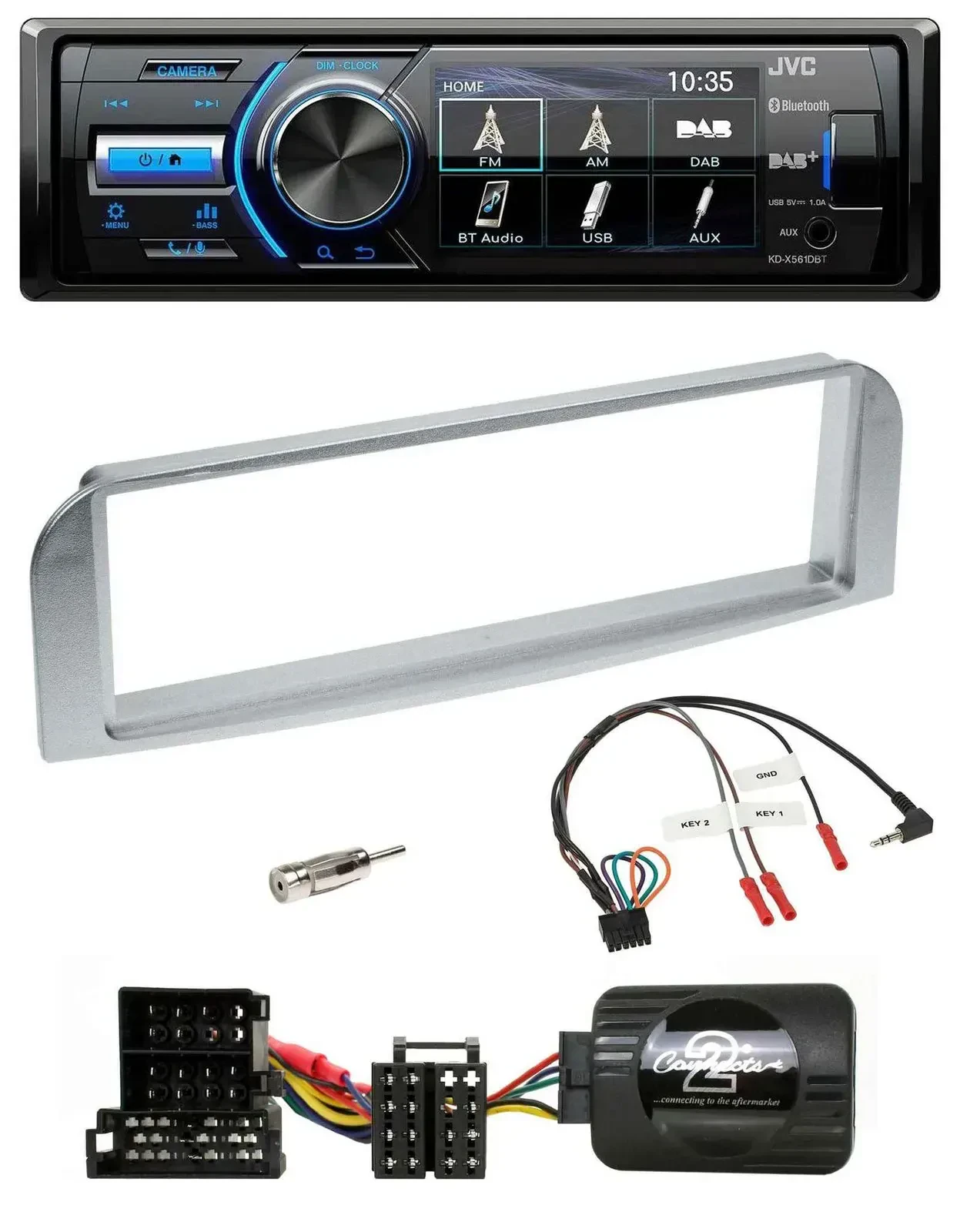 Автомагнитола для Alfa 147/GT JVC Bluetooth, USB, DAB, совместимая с кнопками на руле, серебристо-серая