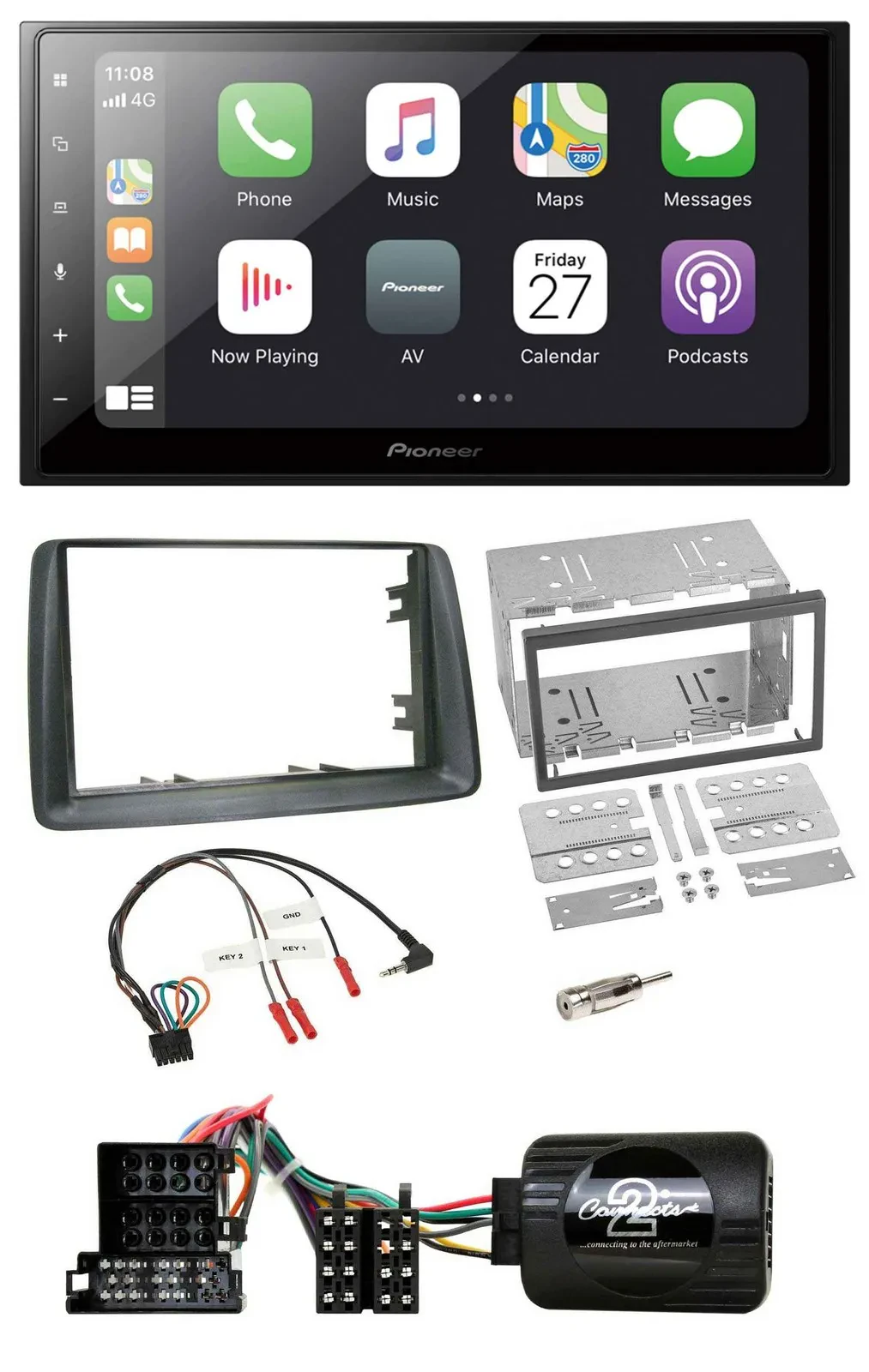 Pioneer Lenkrad Bluetooth DAB 2DIN USB Autoradio für Fiat Panda 2004-2007 grau
