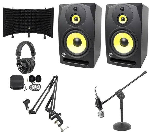 (2) Rockville DPM10B 10" 800w Active Studio Monitors+Headphones+Mic+Shield+Boom