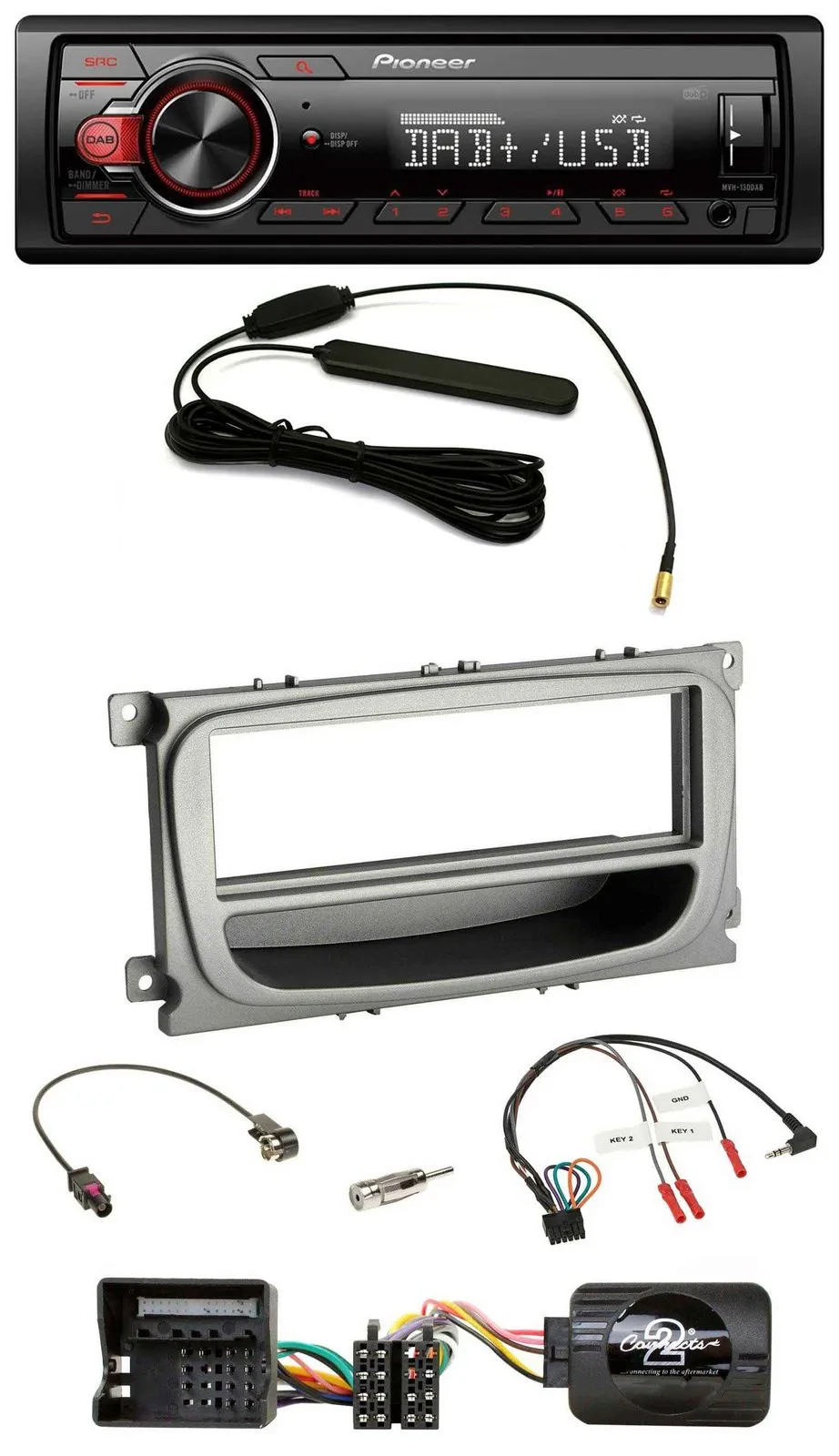 Автомагнитола Pioneer 1 DIN, MP3, DAB, USB, для Ford C‑Max/Focus/Galaxy (с 2007), серебристая