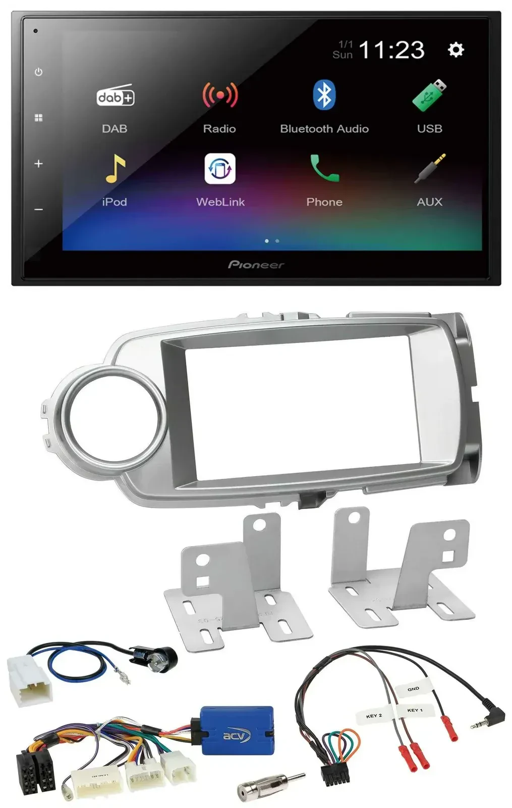 Автомагнитола Pioneer 2DIN USB Bluetooth DAB для Toyota Yaris 2011–2014, серебристая