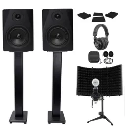 2) Rockville DPM5B 5.25" 300w Studio Monitors+36" Stands+Headphones+Mic+Foam