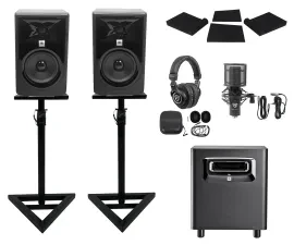 2) JBL 308P MkII 8" Powered Studio Monitors+Stands+Pads+Subwoofer+Headphones+Mic