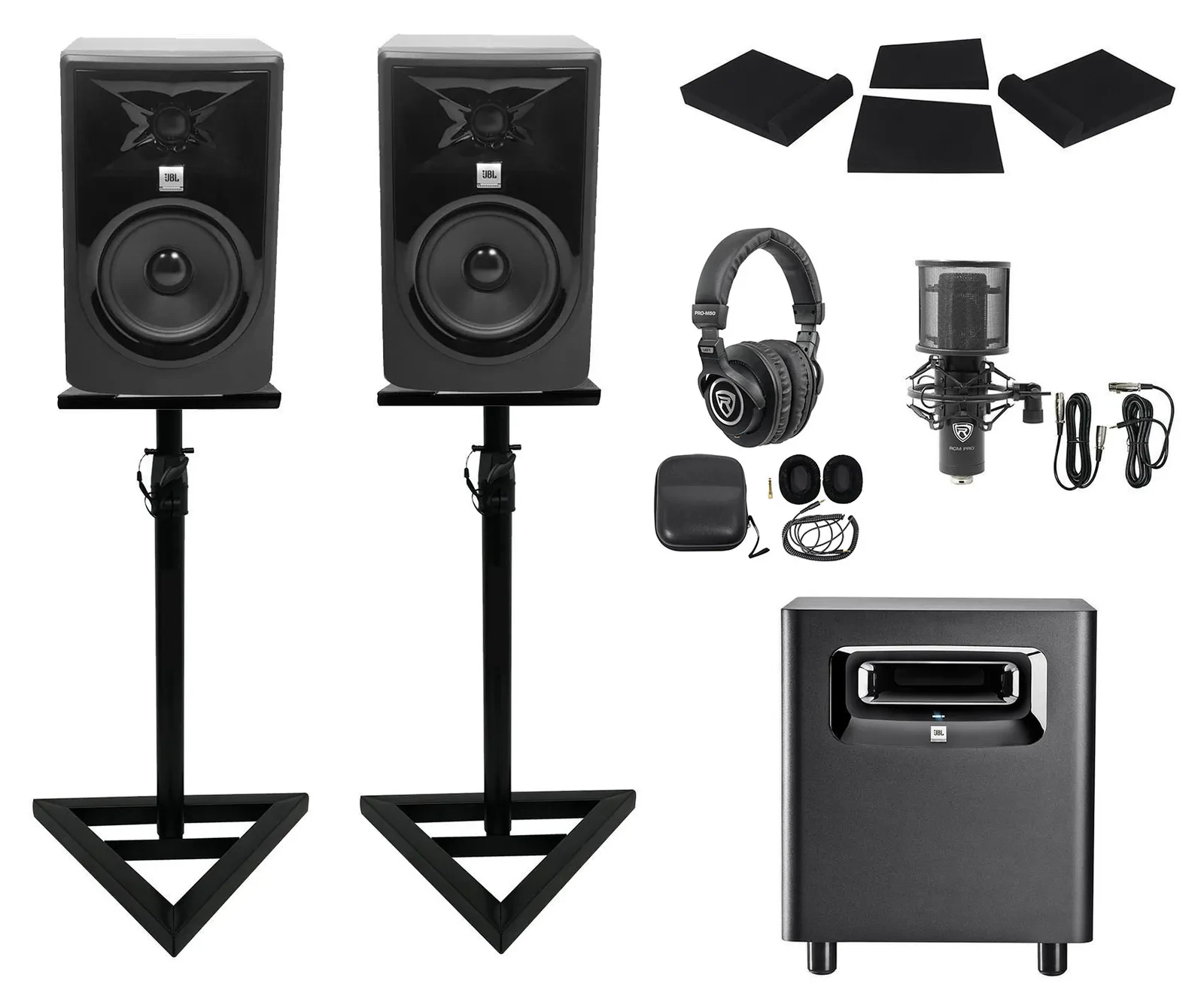 2) JBL 308P MkII 8" Powered Studio Monitors+Stands+Pads+Subwoofer+Headphones+Mic