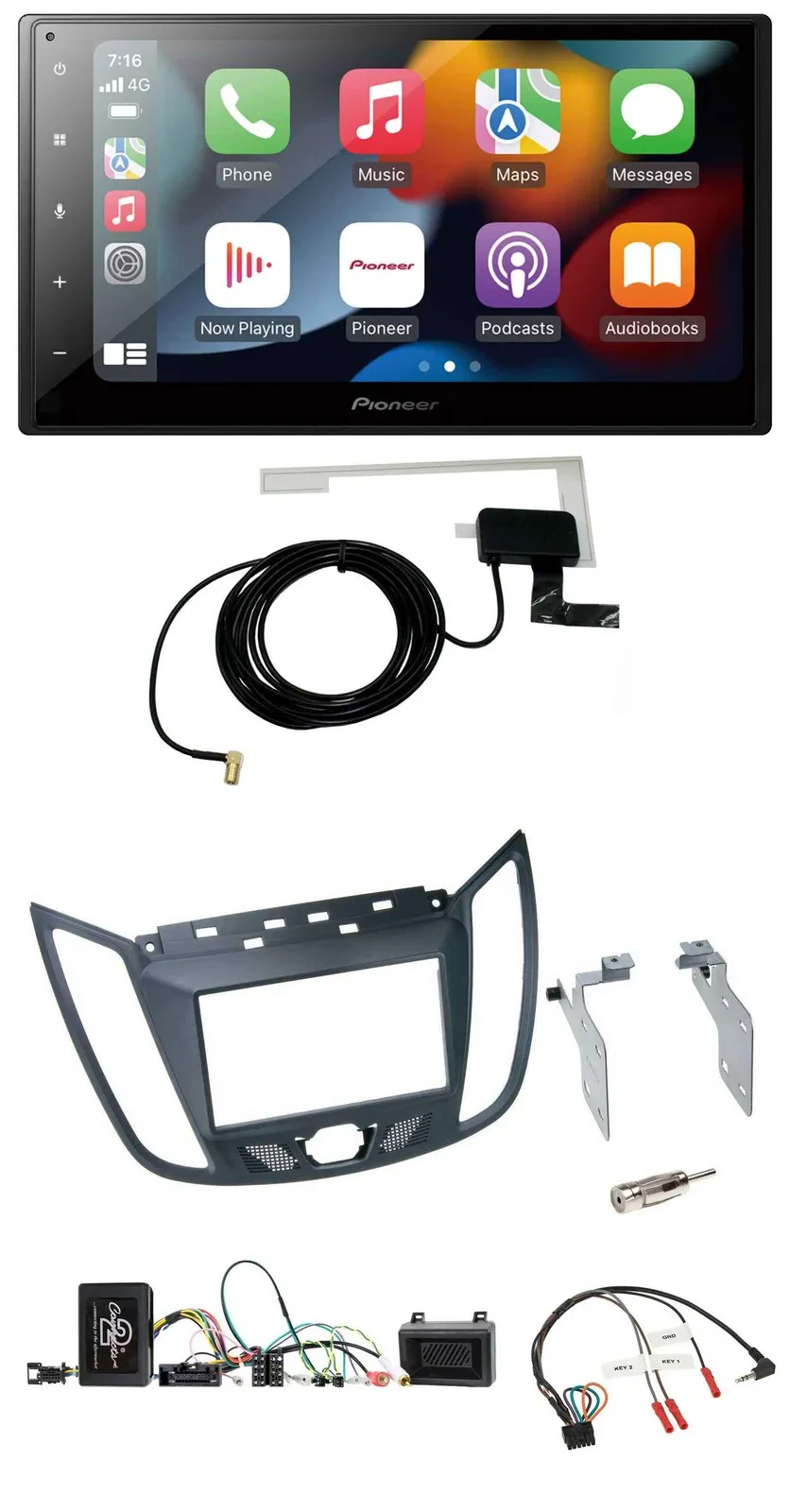 Pioneer Lenkrad USB Bluetooth DAB 2DIN Autoradio für Ford C-Max ab 2011 grau