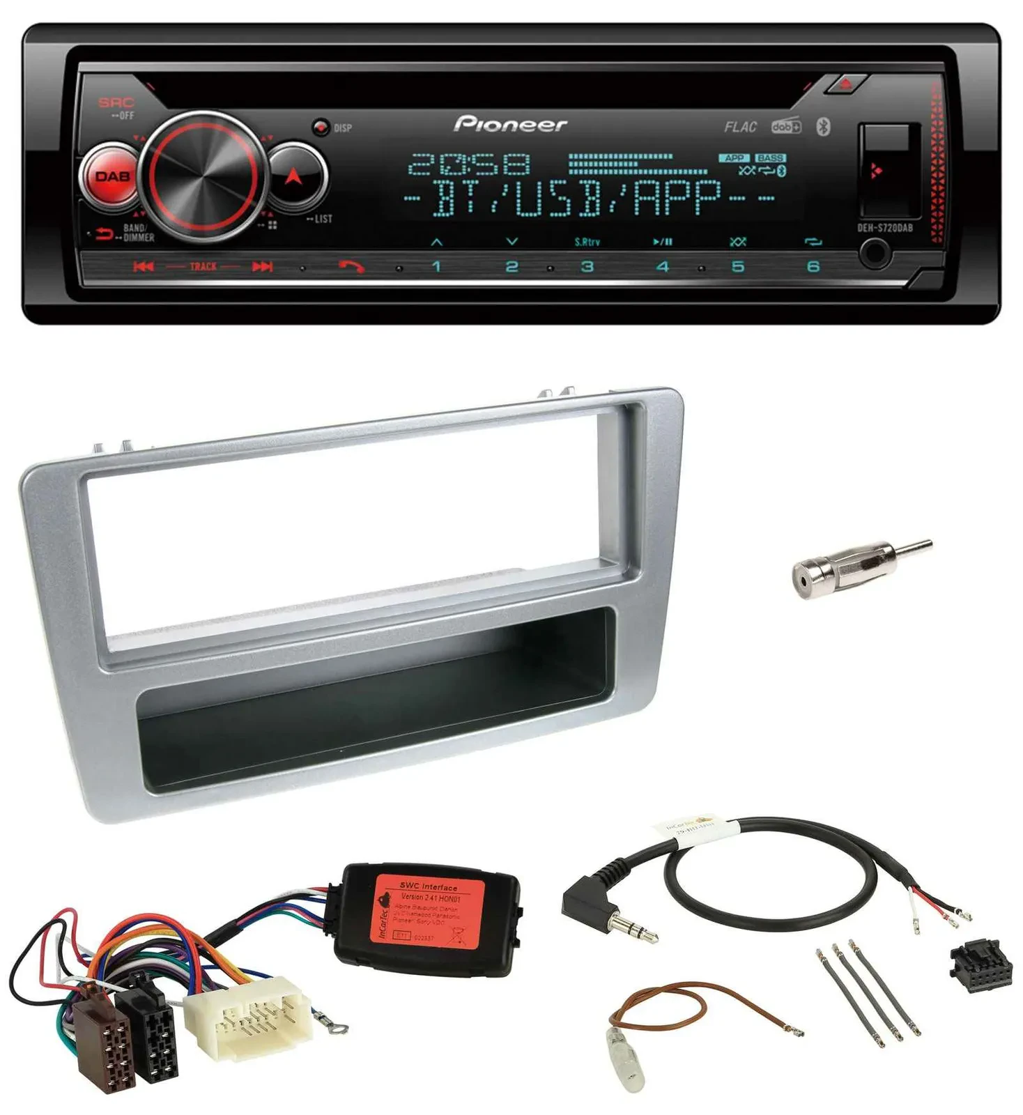 Автомагнитола для Honda Civic (2001–2003) Pioneer DAB, CD, Bluetooth, USB, поддержка управления на руле, серебристая
