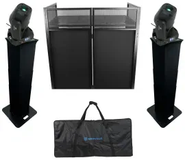 (2) Rockville ROCK SPOT 260W Moving Head Spot Lights+Black Totem Stands+DJ Booth