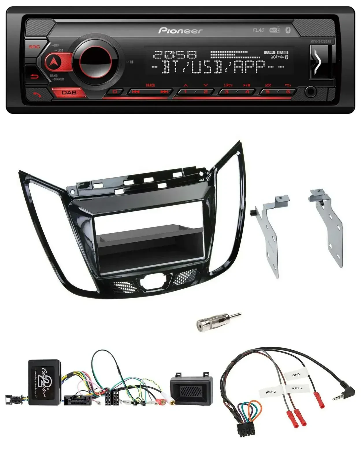 Автомагнитола Pioneer USB, DAB, Bluetooth для Ford C‑Max/Kuga, черный, глянцевый (piano black), с поддержкой кнопок на руле