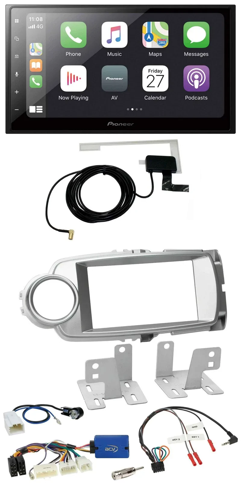 Автомагнитола Pioneer 2DIN Bluetooth DAB USB для Toyota Yaris 2011–2014, серебристая