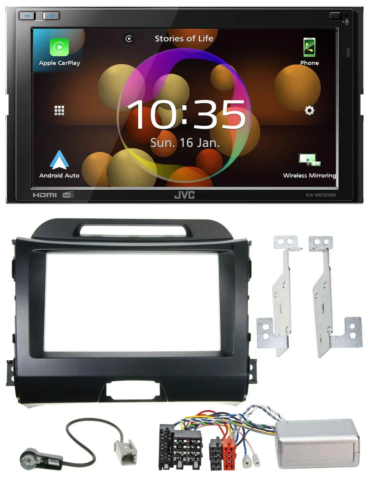 Автомагнитола для Kia Sportage III JVC 2 DIN, DAB, Bluetooth, USB, черный