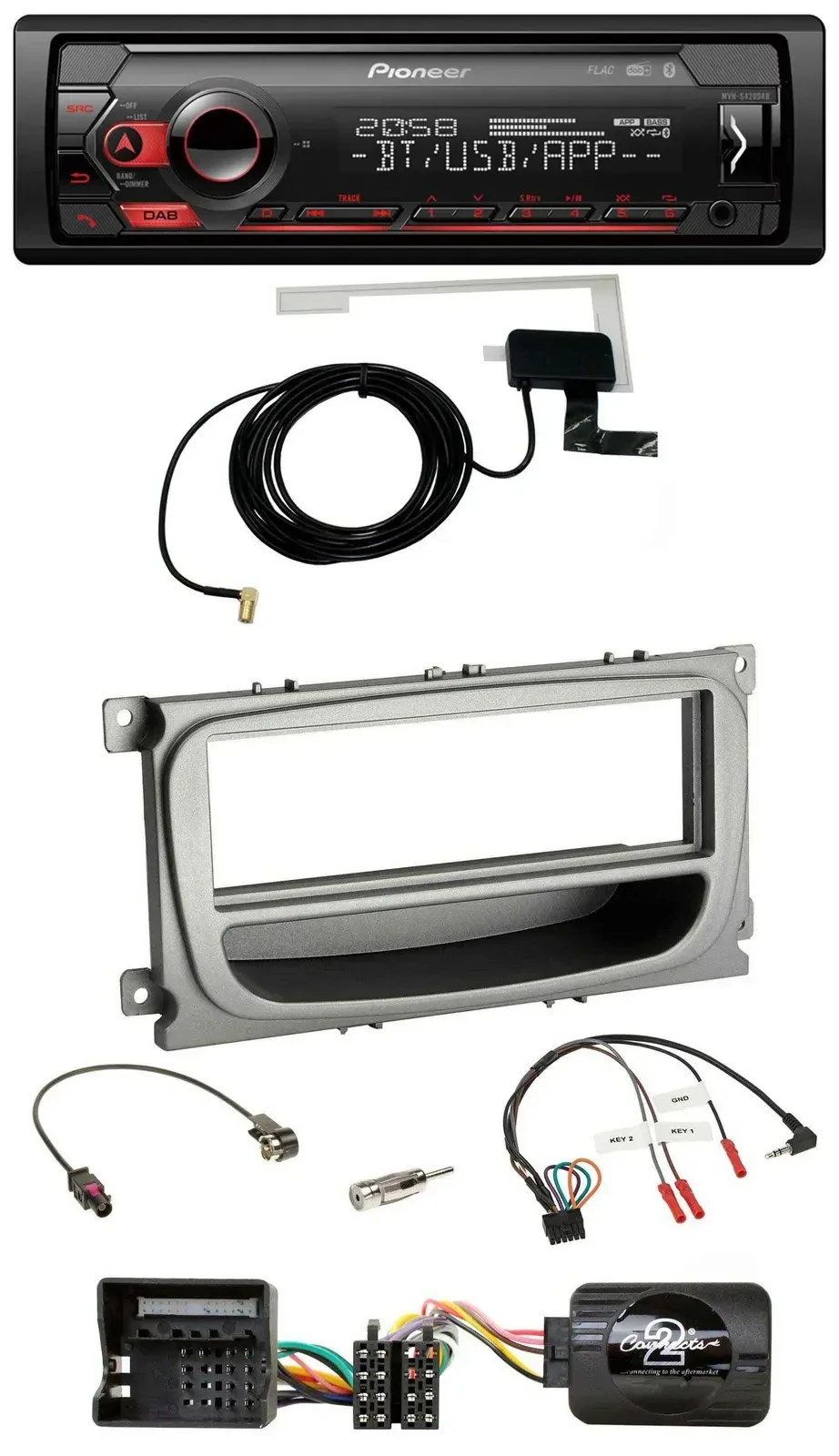 Автомагнитола Pioneer DAB, USB, Bluetooth, для Ford Mondeo/S-Max (с 2007), серебристая, с поддержкой управления на руле