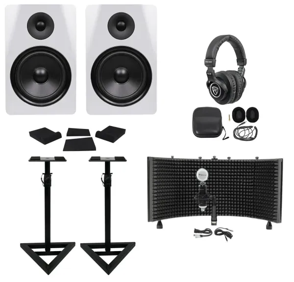 2) Rockville DPM8W 8" 600w Active Studio Monitors+Stands+Headphones+Mic+Shield