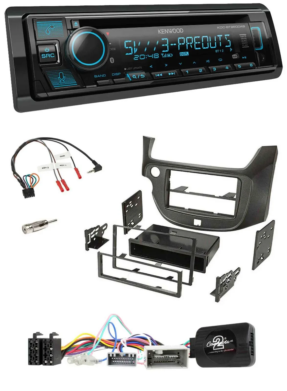 Автомагнитола для Honda Jazz Kenwood Bluetooth, CD, USB, DAB, темно-серый