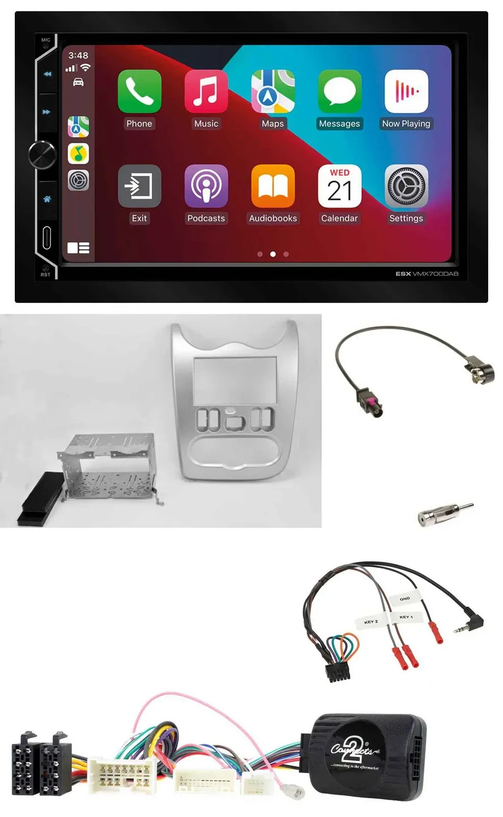 Автомагнитола для Dacia ESX 2 DIN, DAB, USB, Bluetooth, поддержка кнопок на руле, светло-серебристая