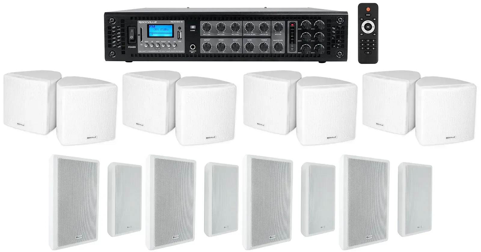 Трансляционный усилитель Rockville RCS180-6+WET-44 PRO WHITE+CC65T White с комплектом акустики
