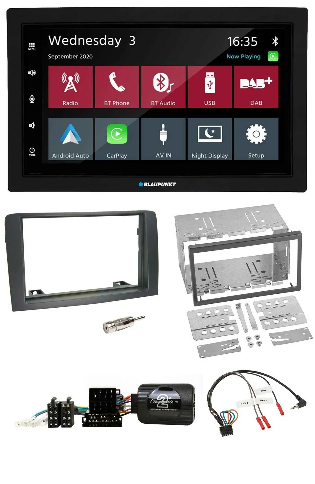 Blaupunkt 2DIN Lenkrad USB Bluetooth DAB Autoradio für Fiat Idea 2006-2012 grau