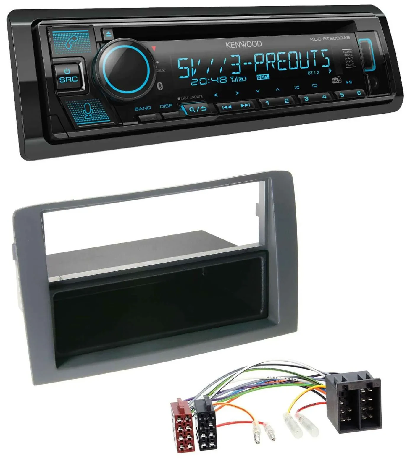 Kenwood Bluetooth USB CD MP3 DAB Autoradio für Fiat Idea (350, 03-11) - grau