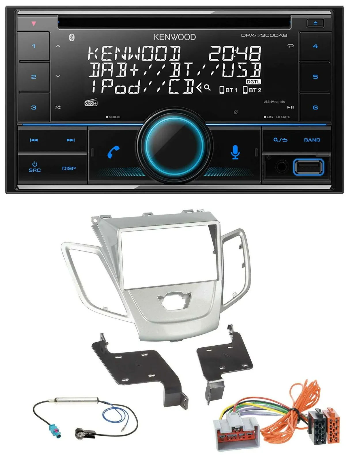 Автомагнитола для Ford Fiesta 2008–2010 Kenwood 2-DIN CD DAB USB MP3 Bluetooth серебристая