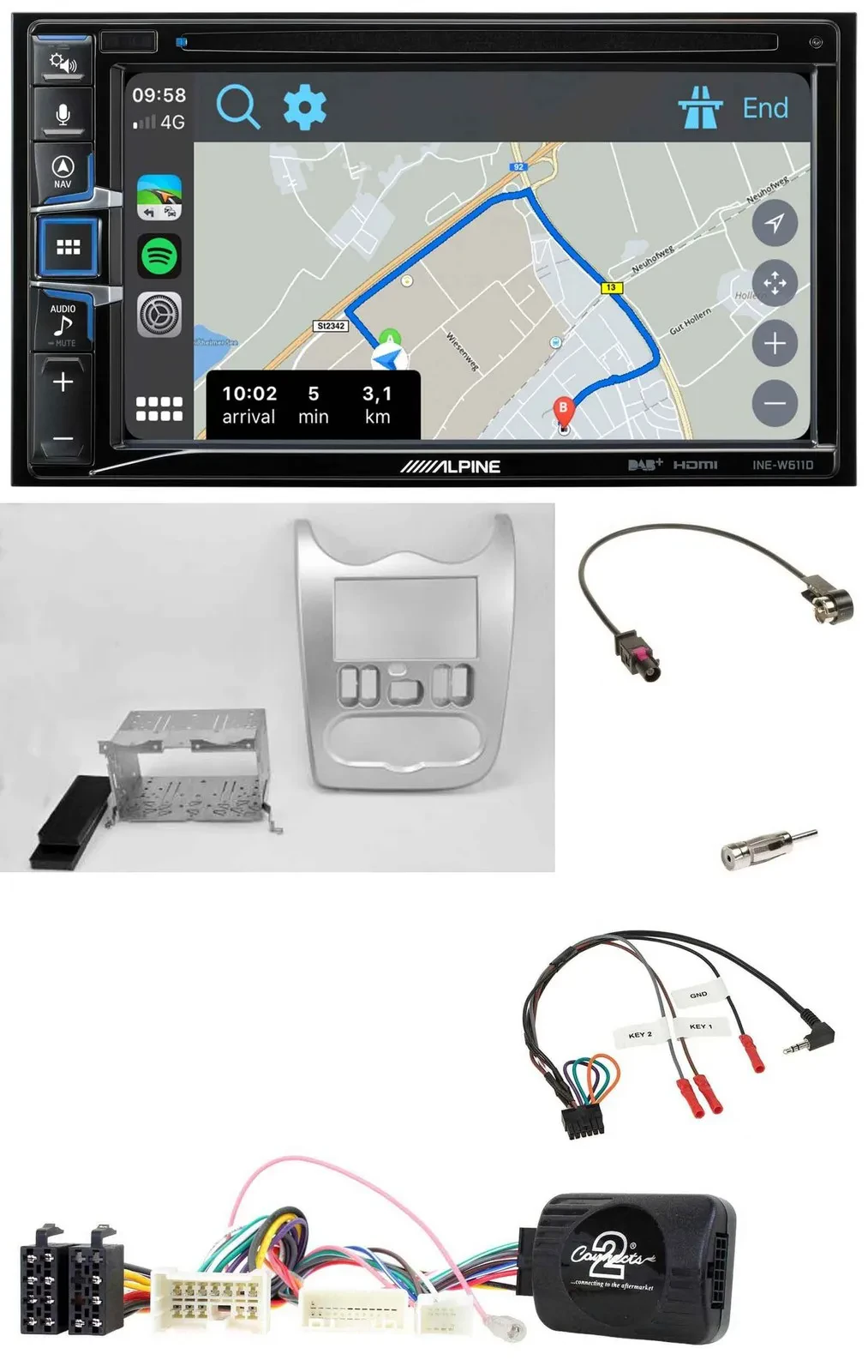 Alpine DAB TMC Bluetooth 2DIN USB Lenkrad Navigation für Dacia ab 2012 hellsilbe