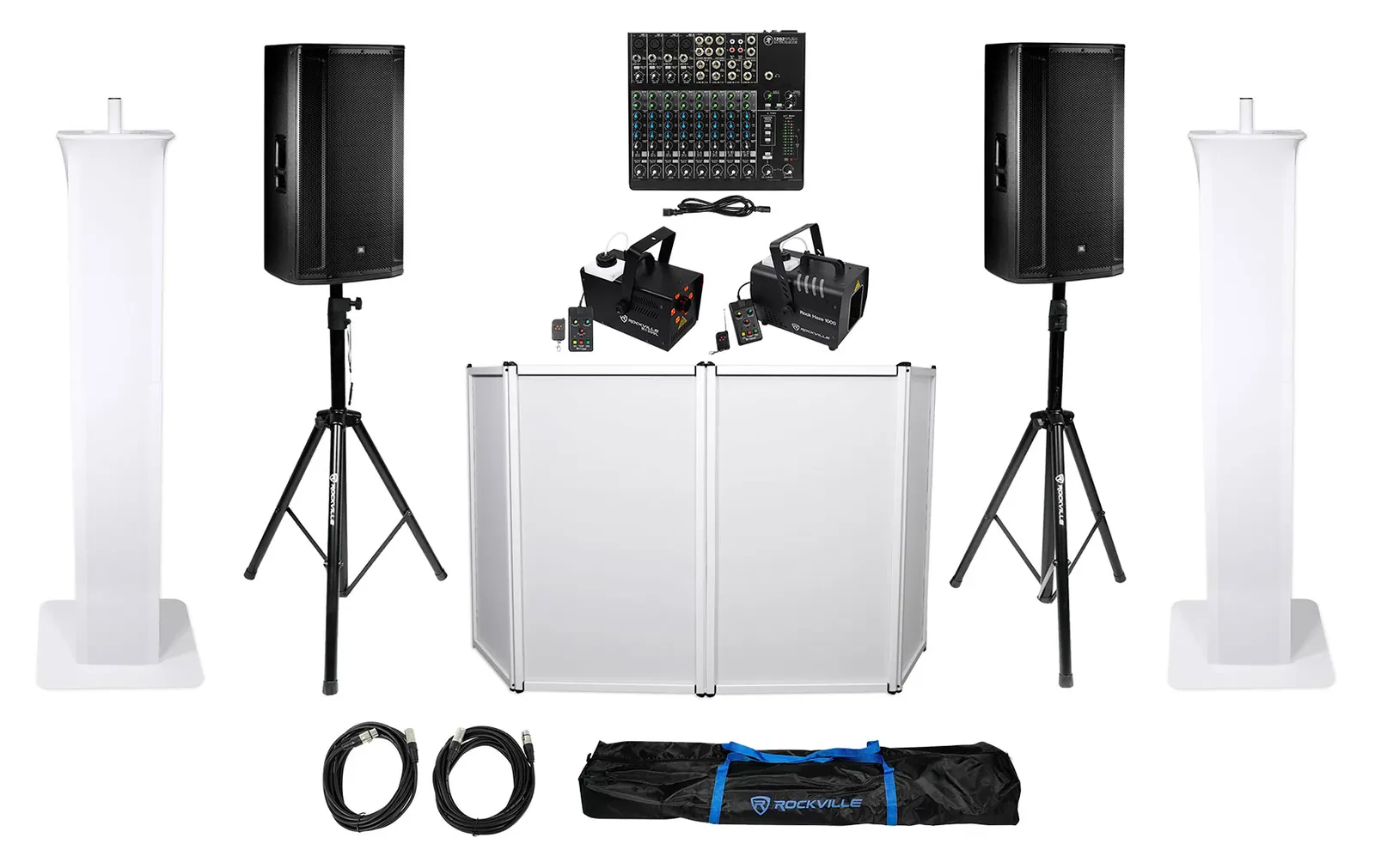 2) JBL SRX835P 15" 2000w Powered DJ Speakers+Stands+Facade+Fog+Haze+Mixer+Totems