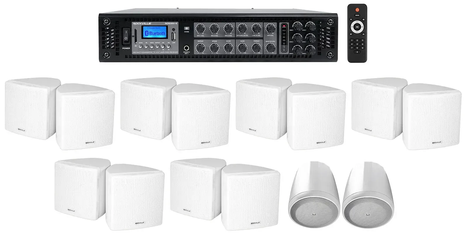 Трансляционный усилитель Rockville RCS350-6+(6) Cube 70v W+Control 65P/T-WH с комплектом акустики