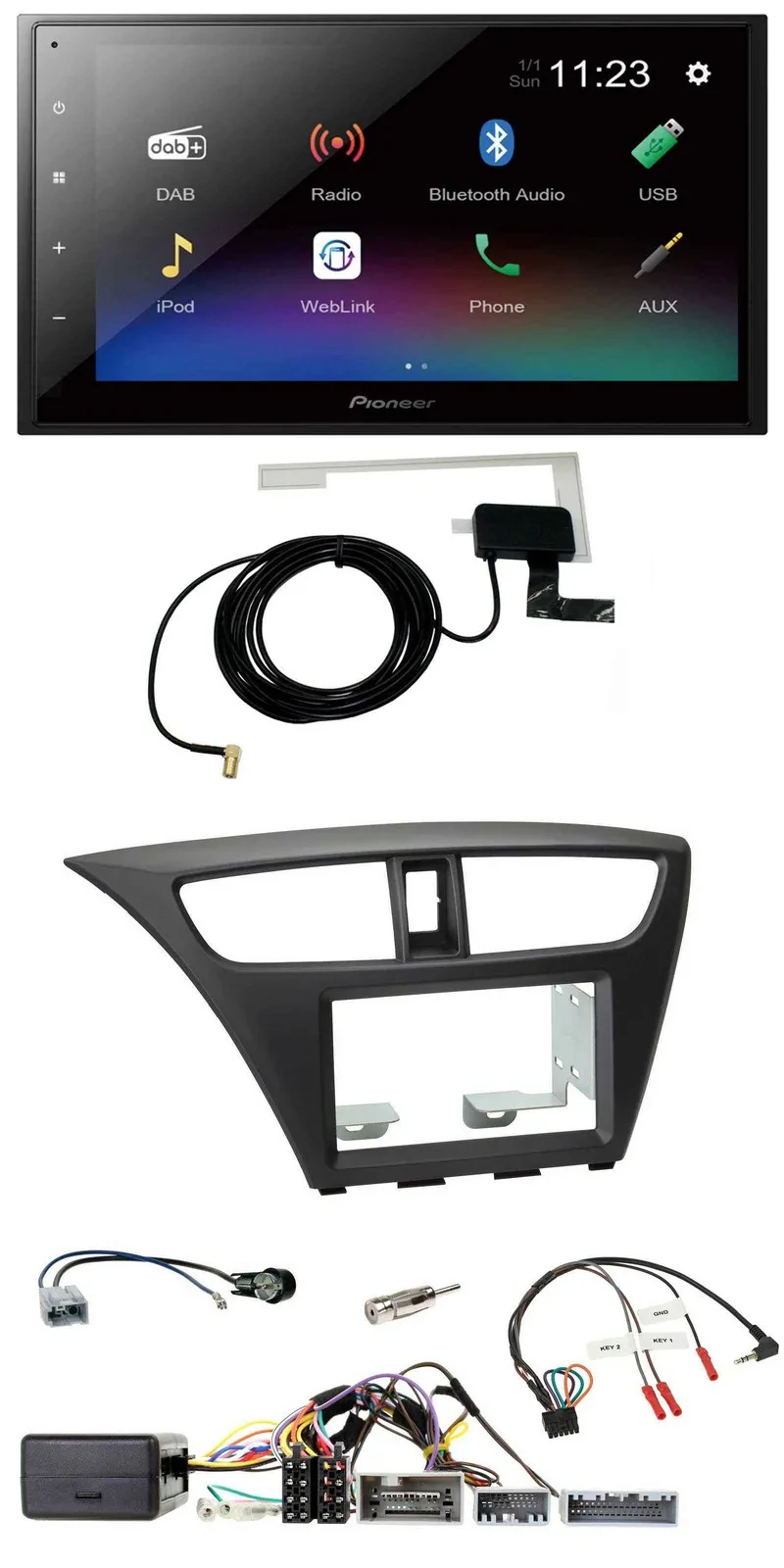 Автомагнитола Pioneer 2DIN, DAB, Bluetooth, USB, для Honda Civic (с 2012), черный